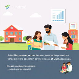 An educational-themed graphic illustrating the concept of 'Fundzpe' as a solution for parents and schools to manage school fee payments in EMI (Equated Monthly Installments)