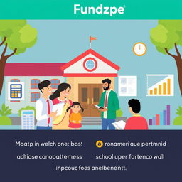 An educational-themed graphic illustrating the concept of 'Fundzpe' as a solution for parents and schools to manage school fee payments in EMI (Equated Monthly Installments)