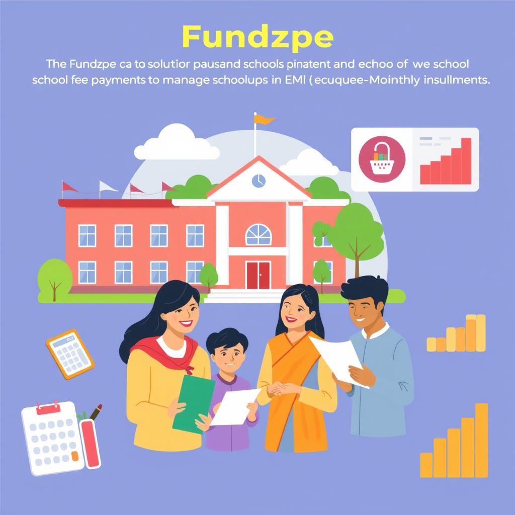 An educational-themed graphic illustrating the concept of 'Fundzpe' as a solution for parents and schools to manage school fee payments in EMI (Equated Monthly Installments)