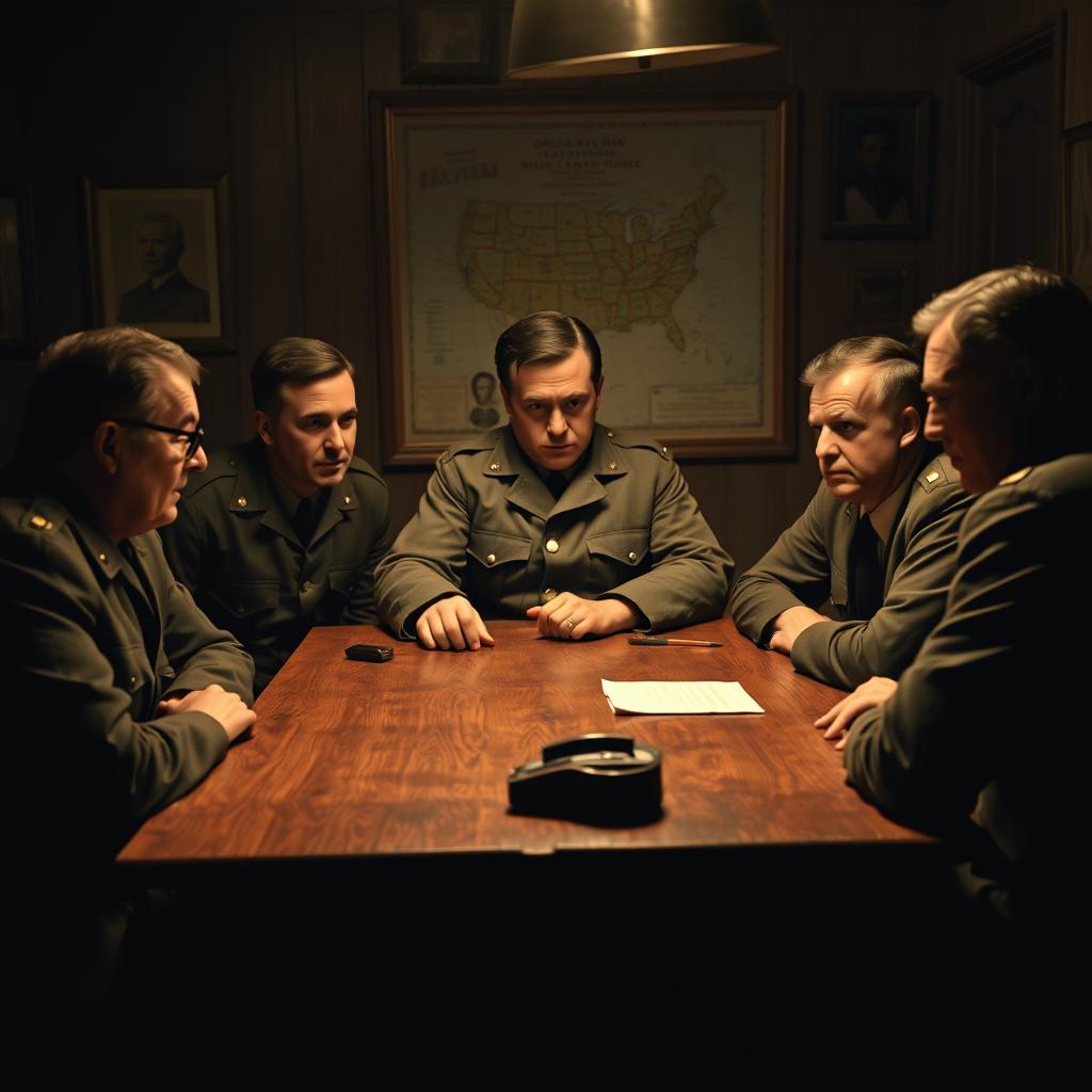 Six men gathered around a wooden table in a dimly lit room, engaged in an intense discussion