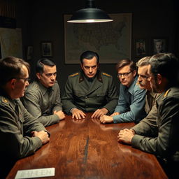Six men gathered around a wooden table in a dimly lit room, engaged in an intense discussion