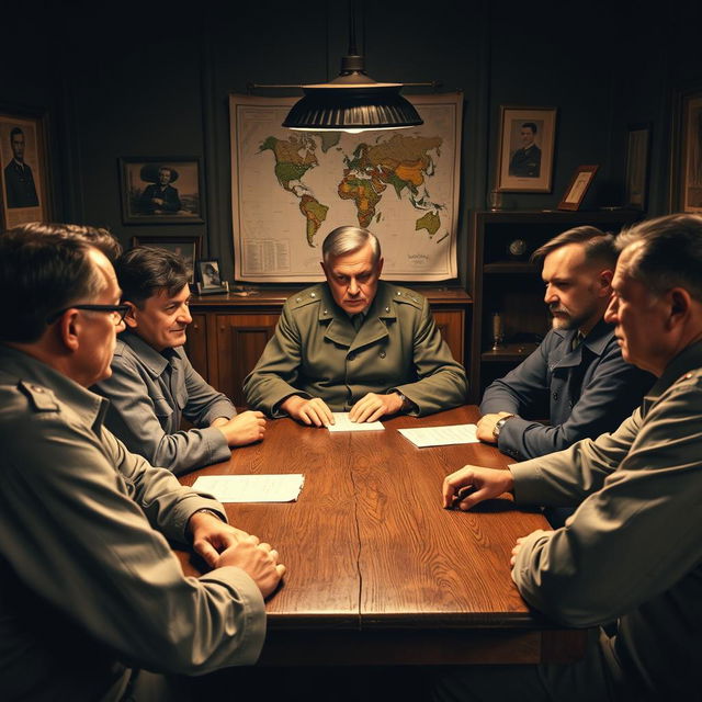 Six men gathered around a wooden table in a dimly lit room, engaged in an intense discussion