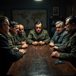 Six men gathered around a wooden table in a dimly lit room, engaged in an intense discussion