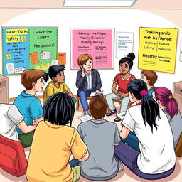 An engaging and educational illustration focused on preventing risky behaviors among teenagers