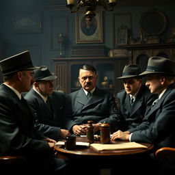 A historical scene depicting Adolf Hitler and five young men in a serious discussion, surrounded by vintage decor indicative of the early 20th century