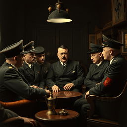 A historical scene depicting Adolf Hitler and five young men in a serious discussion, surrounded by vintage decor indicative of the early 20th century