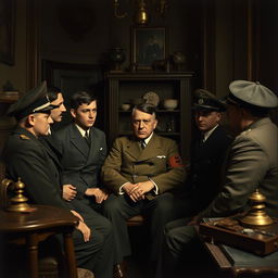 A historical scene depicting Adolf Hitler and five young men in a serious discussion, surrounded by vintage decor indicative of the early 20th century