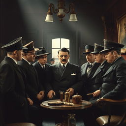 A historical scene depicting Adolf Hitler and five young men in a serious discussion, surrounded by vintage decor indicative of the early 20th century