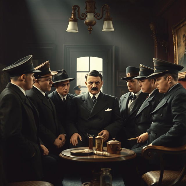 A historical scene depicting Adolf Hitler and five young men in a serious discussion, surrounded by vintage decor indicative of the early 20th century