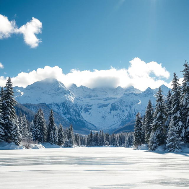 A breathtaking winter landscape featuring majestic mountains blanketed in pristine white snow