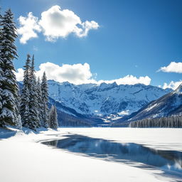 A breathtaking winter landscape featuring majestic mountains blanketed in pristine white snow