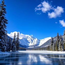 A breathtaking winter landscape featuring majestic mountains blanketed in pristine white snow