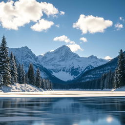 A breathtaking winter landscape featuring majestic mountains blanketed in pristine white snow