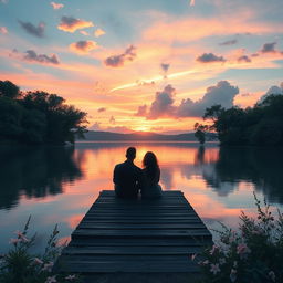 A beautiful, dreamy landscape with soft pastel colors, featuring a serene lake at sunset where the water reflects the vibrant hues of the sky