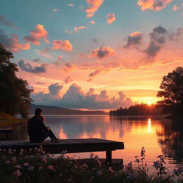 A beautiful, dreamy landscape with soft pastel colors, featuring a serene lake at sunset where the water reflects the vibrant hues of the sky