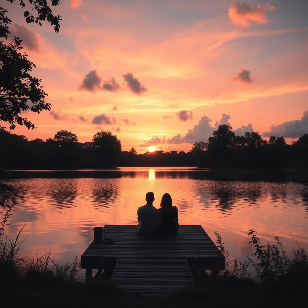 A beautiful, dreamy landscape with soft pastel colors, featuring a serene lake at sunset where the water reflects the vibrant hues of the sky