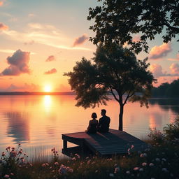 A beautiful, dreamy landscape with soft pastel colors, featuring a serene lake at sunset where the water reflects the vibrant hues of the sky