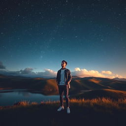 A stunning scene capturing a person standing in the midst of a starry night sky, with twinkling stars illuminating the dark canvas above