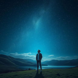 A stunning scene capturing a person standing in the midst of a starry night sky, with twinkling stars illuminating the dark canvas above