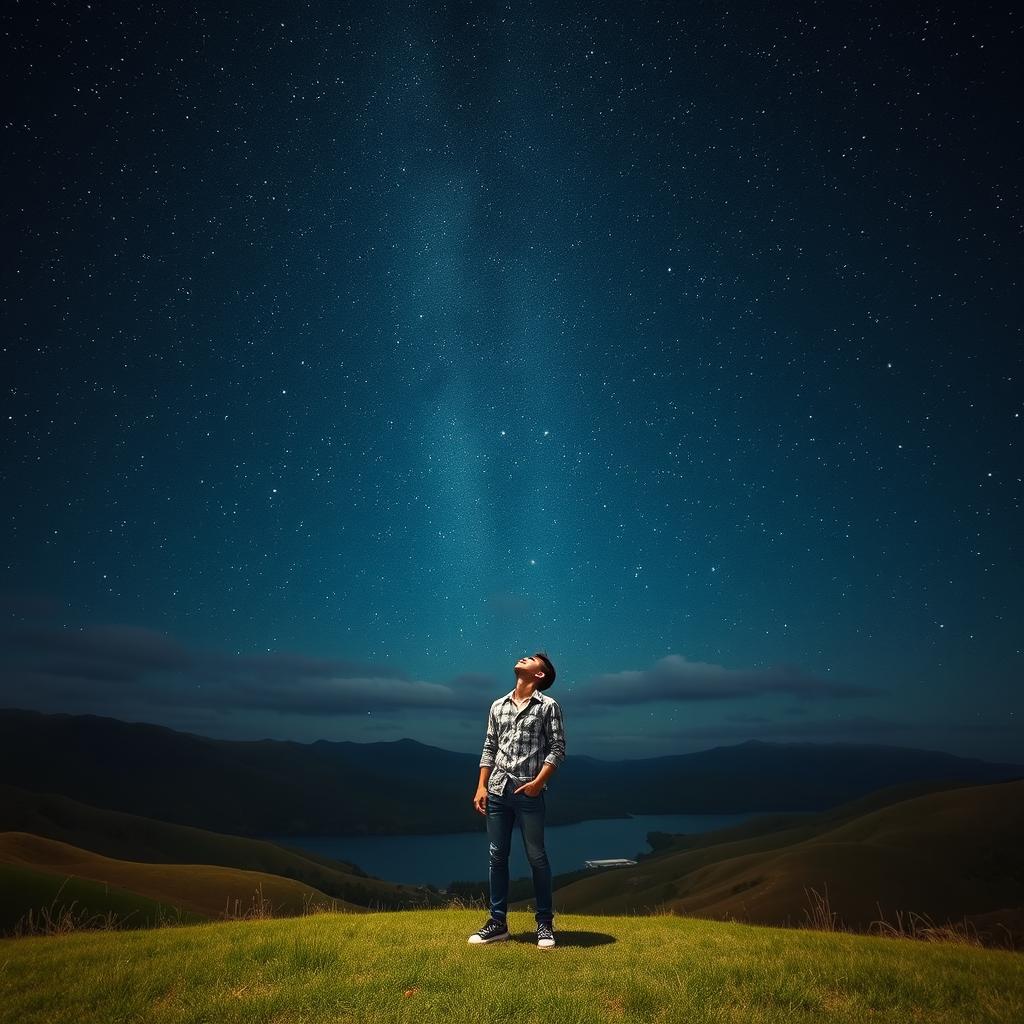 A stunning scene capturing a person standing in the midst of a starry night sky, with twinkling stars illuminating the dark canvas above