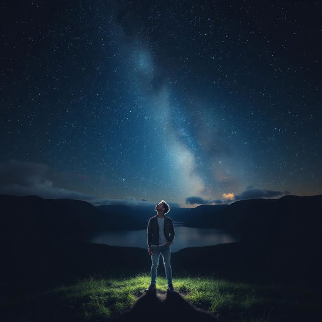 A stunning scene capturing a person standing in the midst of a starry night sky, with twinkling stars illuminating the dark canvas above