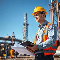 A mechanical engineer, aged 45, standing confidently at an oil drilling site