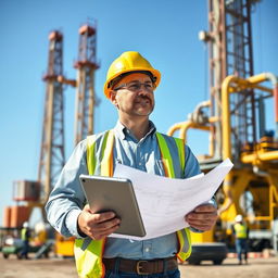 A mechanical engineer, aged 45, standing confidently at an oil drilling site