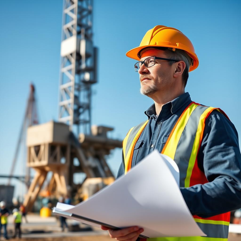 A mechanical engineer, aged 45, standing confidently at an oil drilling site