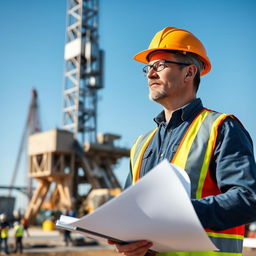 A mechanical engineer, aged 45, standing confidently at an oil drilling site