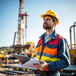 A mechanical engineer, aged 45, standing confidently at an oil drilling site