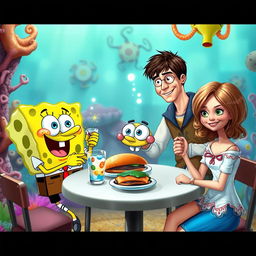 A whimsical and fantastical scene depicting SpongeBob SquarePants enjoying lunch with Cristiano Ronaldo, Harry Potter, and Annabelle the doll