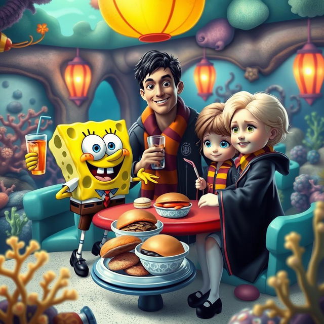 A whimsical and fantastical scene depicting SpongeBob SquarePants enjoying lunch with Cristiano Ronaldo, Harry Potter, and Annabelle the doll