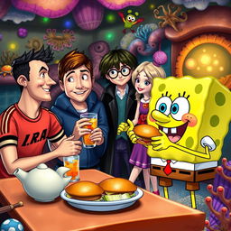 A whimsical and fantastical scene depicting SpongeBob SquarePants enjoying lunch with Cristiano Ronaldo, Harry Potter, and Annabelle the doll
