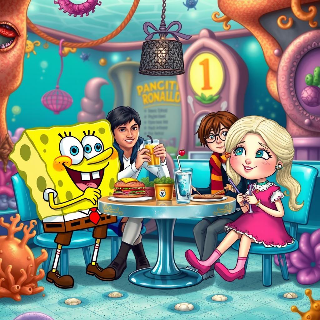 A whimsical and fantastical scene depicting SpongeBob SquarePants enjoying lunch with Cristiano Ronaldo, Harry Potter, and Annabelle the doll