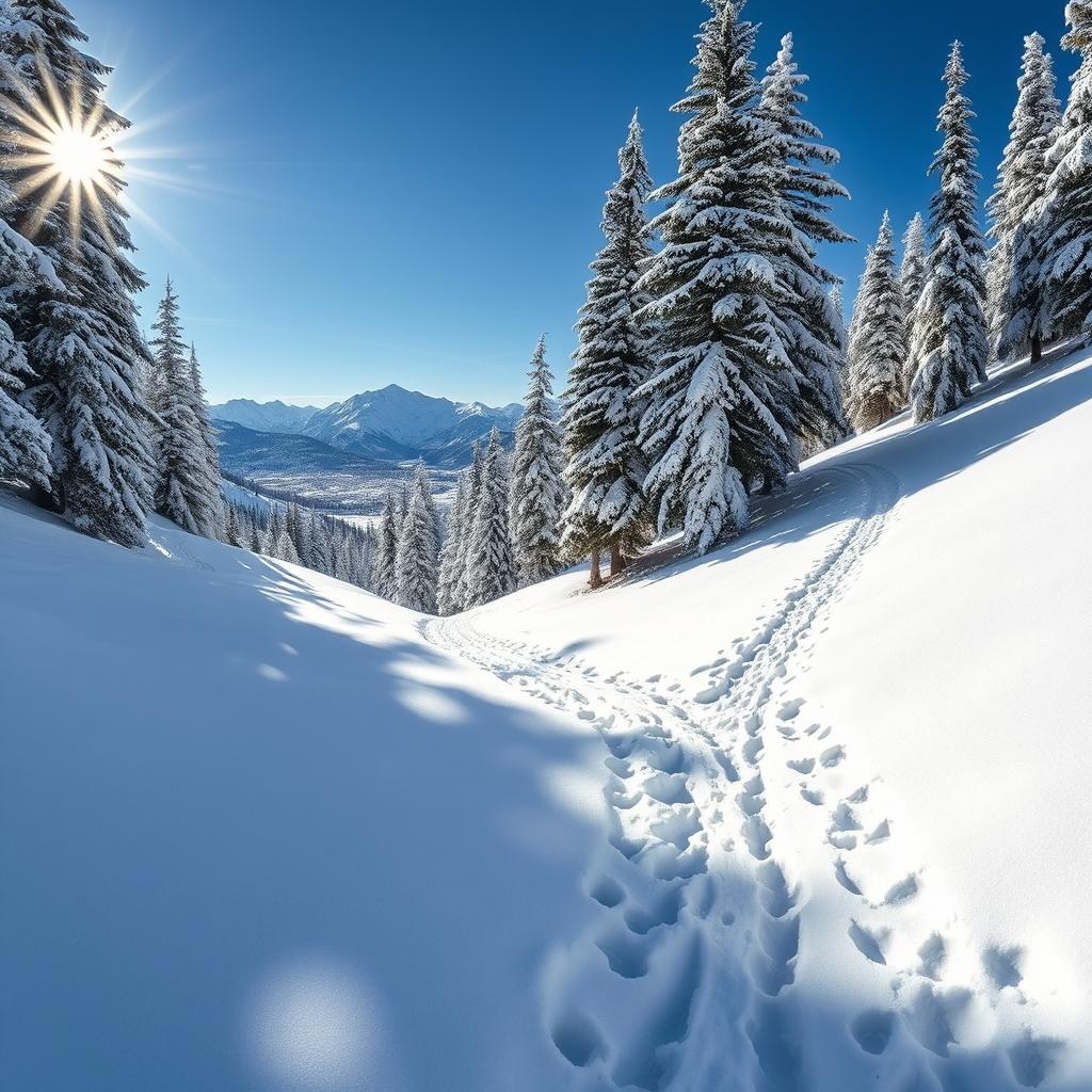 A mountain trail winding through a pristine, deep snow landscape, with tall pine trees blanketed in white frost on either side