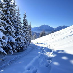 A mountain trail winding through a pristine, deep snow landscape, with tall pine trees blanketed in white frost on either side
