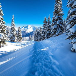 A mountain trail winding through a pristine, deep snow landscape, with tall pine trees blanketed in white frost on either side