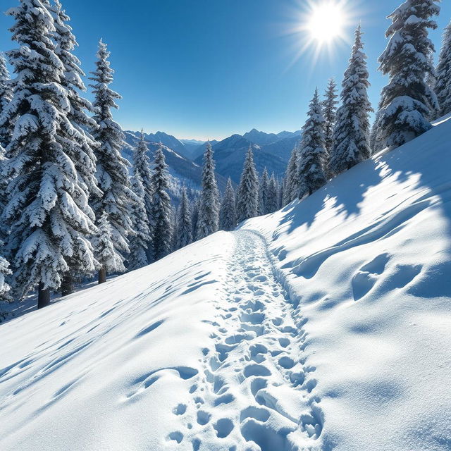 A mountain trail winding through a pristine, deep snow landscape, with tall pine trees blanketed in white frost on either side