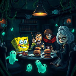 A spooky yet whimsical scene depicting SpongeBob SquarePants having lunch with Cristiano Ronaldo, Harry Potter, and Annabelle the doll in a haunted underwater setting