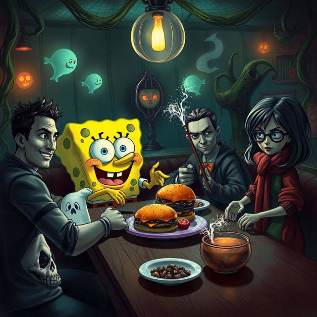 A spooky yet whimsical scene depicting SpongeBob SquarePants having lunch with Cristiano Ronaldo, Harry Potter, and Annabelle the doll in a haunted underwater setting