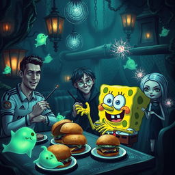 A spooky yet whimsical scene depicting SpongeBob SquarePants having lunch with Cristiano Ronaldo, Harry Potter, and Annabelle the doll in a haunted underwater setting