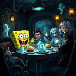 A spooky yet whimsical scene depicting SpongeBob SquarePants having lunch with Cristiano Ronaldo, Harry Potter, and Annabelle the doll in a haunted underwater setting