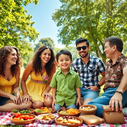 A vibrant group of friends enjoying a sunny day at the park, gathered around a picnic blanket filled with delicious food