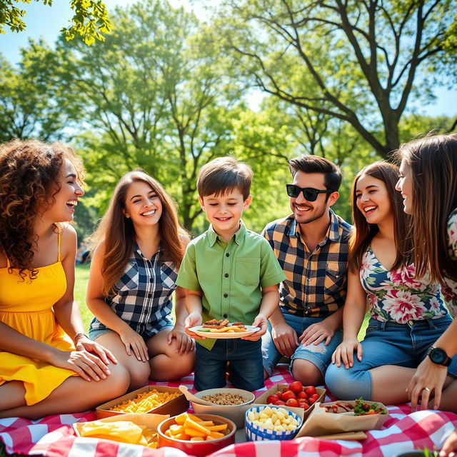 A vibrant group of friends enjoying a sunny day at the park, gathered around a picnic blanket filled with delicious food