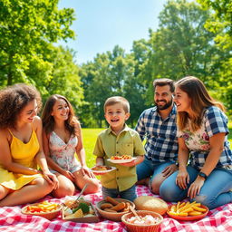 A vibrant group of friends enjoying a sunny day at the park, gathered around a picnic blanket filled with delicious food