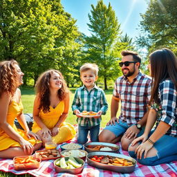 A vibrant group of friends enjoying a sunny day at the park, gathered around a picnic blanket filled with delicious food