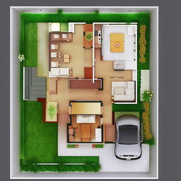 A detailed 2BHK house plan with a 28 feet width and 50 feet length. The design should incorporate a parking area suitable for a car.