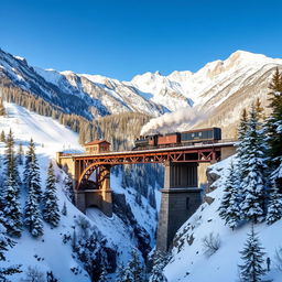 A stunning winter scene featuring a large, rustic bridge spanning a deep valley, with a vintage train crossing over it