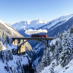 A stunning winter scene featuring a large, rustic bridge spanning a deep valley, with a vintage train crossing over it