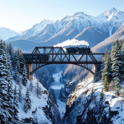 A stunning winter scene featuring a large, rustic bridge spanning a deep valley, with a vintage train crossing over it